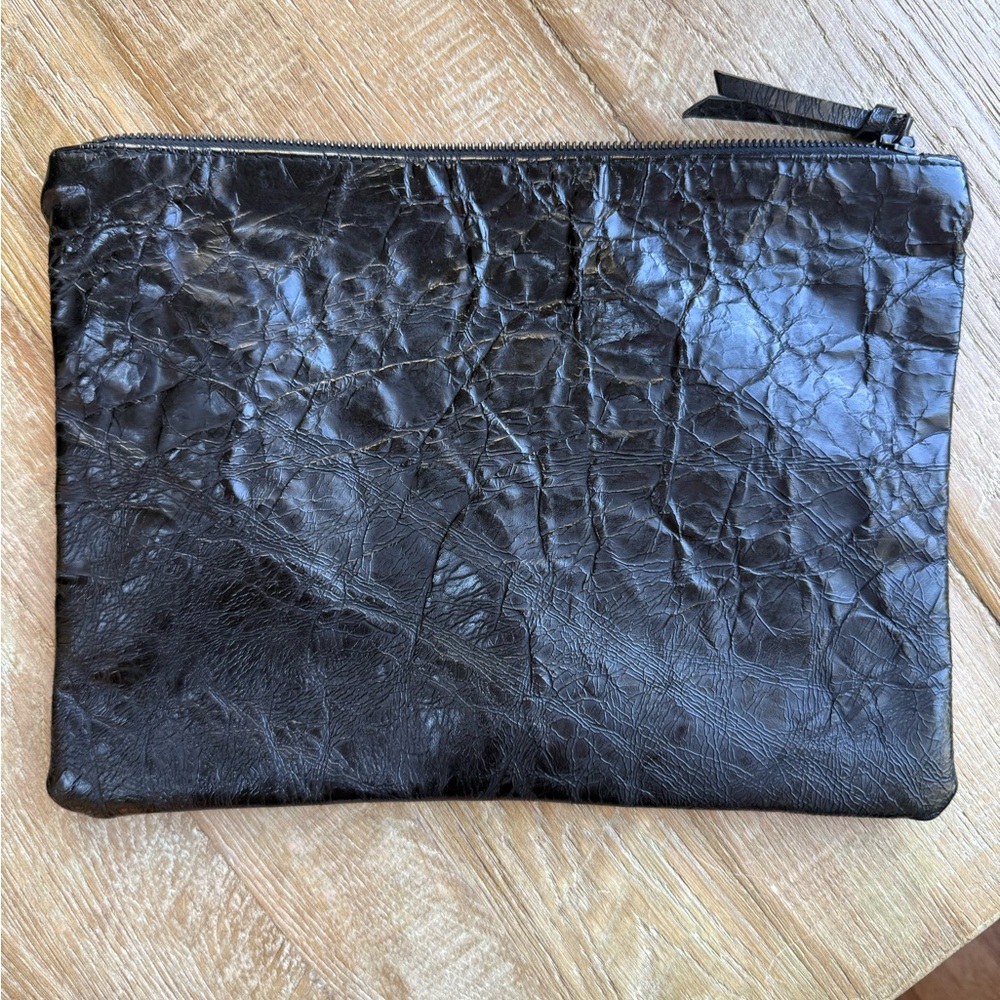 Phillip Noel Genuine crinkled effect Black leather zipper pouch. Made in USA.